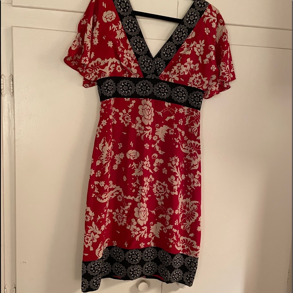 Phoebe Couture Red and Cream Floral Empire-Waist Dress with Black Trim
